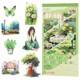 RISYPISY Green Journaling Supplies Sticker, 20 Sheets Scrapbook Sticker Book, Junk Journal Kits Pre-cut Watercolor Scrapbooking Supplies for Adults Planner Cottagecore Decorative DIY Craft Project, 182PCS
