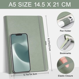 EMSHOI A5 Notebook Lined Journal - 120 GSM Paper Hardcover Notebook for Work, 160 Pages College Ruled Notebook, Leather Writing Journal for Women, Men, Work, School, 14.5 X 21 cm - Light Green