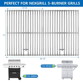Outspark Grill Replacement Parts for Nexgrill 5-Burner 720-0888 720-0888N 720-0888A, 4 Burner 720-0830 Stainless Steel Cooking Grates, Porcelain Steel Heat Plates and Burner Kit for Nexgrill