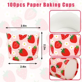JarThenaAMCS 100Pcs Strawberry Baking Cups Pink Red Strawberry Flower Cupcake Wrappers Paper Scalloped Edge Cupcake Muffin Cases for Spring Summer Birthday Baby Shower Dessert Decoration