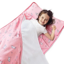 Nap Mat for Toddlers, Quilted Mat with Blanket and Removable Pillow, All-In-One Sleeping Bag for Preschool Daycare Nap Time or Sleepovers, Portable Roll up Nap Mat, Pink Unicorns
