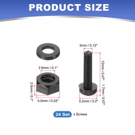 PATIKIL M3x12mm Black Nylon Bolts Plastic Nuts Full Thread Head Screws, 24 Pcs