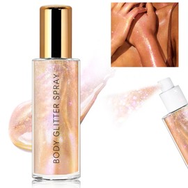 HOSAILY Body Glitter Spray, Moisturizing Bronze Body Shimmer Luminizer Glow Illuminator Quick-Drying and Non-Sticky Liquid Highlighter Spray for Face Hair Glitter, 60ML -Rose Gold