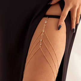 Inateannal Rhinestone Thigh Body Chain for Women Girls Sparkly Crystal Multilayer Tassel Leg Chain Boho Beach Stretch Body Chain Harness Rave Thigh Accessories for Nightclub Party