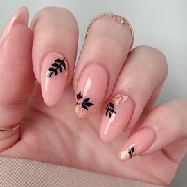 Fall Press on Nails Medium Almond Nude Fake Nails With Design Black Leaf Glue on Nails Press ons Gold Foil Acrylic False Nails Full Cover Reusable Thanksgiving Stick on Nail for Women Manicure 24Pcs