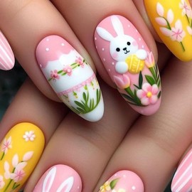 24Pcs Cute Bunny Press on Nails Easter Fake Nails Medium Almond Acrylic Nail Pink Matte False Nails with Flower Designs Spring Glue on Nails Full Cover Stick on Nail for Women Girls