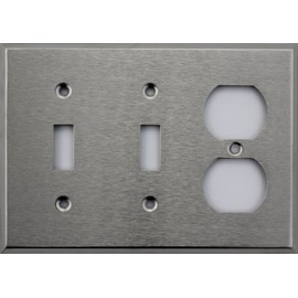 Brushed Satin Stainless Steel 3 Gang Wall Plate - 2 Toggle Switches 1 Duplex Outlet