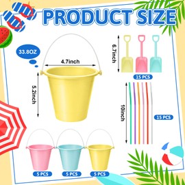 15 Set 33.8 Ounce Large Beach Drink Buckets with Shovels Disposable Straws Plastic Bucket with Handles for Summer Holiday Party Beach Birthday Party Favors (Solid Color)