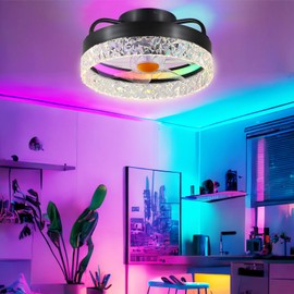 BYKISTOK 13in Flush Mount Ceiling Fan with RGB Light - Small Bladeless Ceiling Fan Light with Reversible Mute Motor, LED Dimmable, Low Profile Enclosed Ceiling Fans for Modern Indoor
