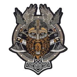ATHIPATCHES Viking Warrior, Thor Hammer, Twin Axes, Ravens, Embroidered Biker Back Patch Large for Motorcycle Jacket & Vest, Gray, White, Black, Brown