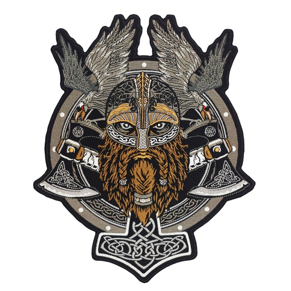 ATHIPATCHES Viking Warrior, Thor Hammer, Twin Axes, Ravens, Embroidered Biker