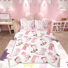 Feelyou Cowgirl Western Comforter Set with Sheets Pink Cowgirl Bowknot Bed in a Bag for Kids Boys Girls Bedroom Bed Decor Cowboy Boots Horseshoe 7 Piece Bedding Set Queen Size Wild West Soft Bed Set