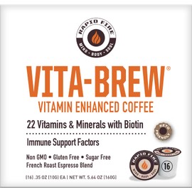 RapidFire Vita Brew Coffee Pods, 22 Vitamins and Minerals with Biotin, Increase Energy and Focus, Supports Immune System, French Roast Espresso Blend, Sugar Free, 16 Pods