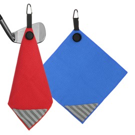 PATIKIL 12"x12" Magnetic Golf Towel with Wire Cleaning Cloth, 2 Pack Microfiber Waffle Pattern Towels with Magnet and Clip for Golf Carts Clubs Golfing Gear, Red/Blue