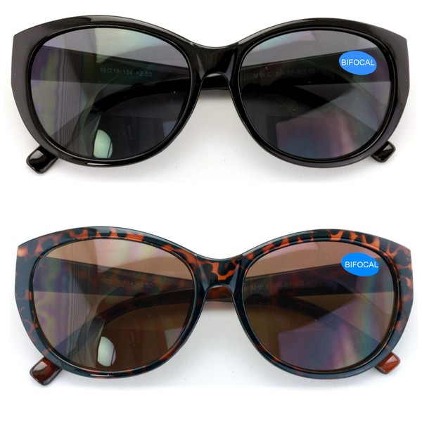 2 pares de lentes de sol de lectura bifocales para mujer Cateye Vintage Jackie Oval (1 negro, 1 tortuga, 3.00)
