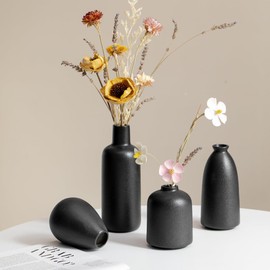 Small Ceramic Vases Set of 4 for Flowers, Matt Black Mini Bud Vases for Modern Home Decor, Small Decorative Vases for Shelf, Table & Entryway Decor