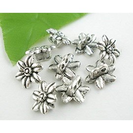 Pack of 10 Metal Buttons, Antique Silver, Floral Pattern, Diameter Approx. 14 mm, Hole Size 1.9 mm