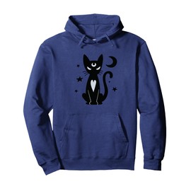 Gothic Witchy Black Cat with Moon Mystical Stars Night Art Pullover Hoodie