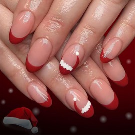 Christmas Press on Nails Short Almond Red French Tip Fake Nails Press ons Cute Xmas Santa Hat French Design Acrylic Glossy Nude Full Cover Glue on Nail for Women 24 Pcs