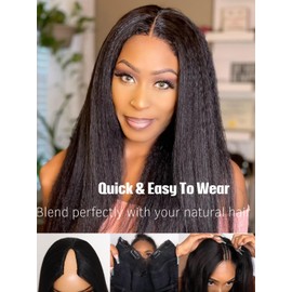 Julia Hair EasiContour V Part Kinky Straight Wigs Human Hair Glueless Yaki Straight Vpart Wig Clip in Half Wigs No Leave Out Real Scalp Upgrade U Part Kinky Wig Beginner Friendly Natural Black 24 Inch