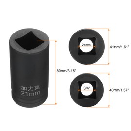 sourcing map 4 Point Square Socket 3/4" Drive by 21mm Metric Square Impact Socket 40CR Blackening Standard Wheel Sockets Pneumatic Socket Tool for Auto Repair Mechanical Maintenance Home Use