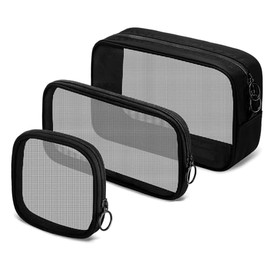 Supkeyer 3Pcs Mesh Cosmetic Bag, Mesh Makeup Bag Portable Travel Organizing Pouch Toiletry Bag with Zipper for Home Office Travel Accessories,3 Sizes, Black, Mesh Makeup Bag With Zipper