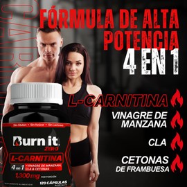 Burn it Zero L Carnitina 1300mg 4en1 120 Caps | Carnitina, Vinagre de Sidra de Manzana, CLA, Cetonas | Termogenico Burn It Zero Suplemento Alimenticio