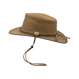 WALKER AND HAWKES - Premium Brown Full Grain Cowhide Leather Outback Braided Traveller Hat for Men and Women - Tan - Medium (58cm)