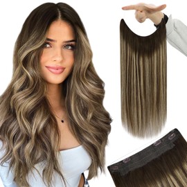 YoungSee 130G Wire Human Hair Extensions Balayage Invisible Wire Extensions Real Human Hair Balayage Chocolate Brown Mix Caramel Blonde Balayage Couture Wire Real Human Hair Extensions 20Inch