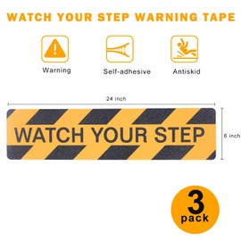 Qingluan Watch Your Step Floor Decals Stickers, 3 Pieces 6 x 24 Inch, Warning Adhesive Tape, Abrasive Anti-Slip, Indoor/Outdoor Stickers