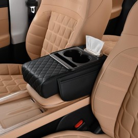 Car Center Console Pad Leather Armrest Pad w/Cup Holder, Tissue Box Slot, Side Bag, Phone Slot for Car Sedans (Quilted, Black)