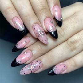 Black French Tip Press on Nails Almond Glue on Nails Medium Length Nude Pink Rhinestone Acrylic Full Cover French Fake Nails with Star Designs Almond Nails Reusable Stick on Nails for Women 24PCS