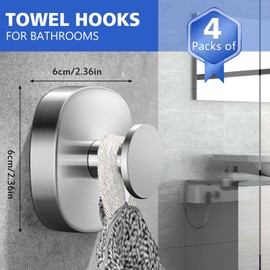 4PCS Suction Cup Hooks for Bathroom and Kitchen, No Drilling - Damage Free Towel Holders, Stainless Steel Tea Towel Hooks, Heavy-Duty Stick on Wall Hangers, Reusable and Removable, Brushed Silver