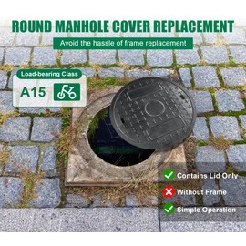 Natotela Round Manhole Cover 16in, Fiberglass Recessed Solid Top Cover,Replacement FRP Septic Tank Lid, Septic Tank Cover and Base for yard,Non-slip Reinforced Sewage Basin Cover, Black