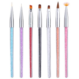 BNP 7 Pcs UV Gel Rhinestone Acrylic Handle Brushes Nail Art Line Flower Painting Coating Shaping Flat Fan Angle Pen
