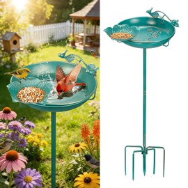Mellbree Bird Bath for Outside, 12" Dia 39" H Lake Blue with Gold Gilding Metal birdbath for Outdoors, Freestanding with Perch & Feeder Bowl, Multi-Functional for Garden Patio Yard Lawn Outdoor Decor