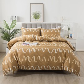 Lemfux 100% Cotton Geometric Pattern Light Brown Duvet Cover Set, Curve Print Modern Abstract Soft Comforter Cover Set with Metal Zippers, Luxury Neutral Designer Bedding Set, Queen Size, 3Pcs