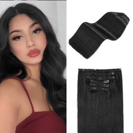 Sunfly Clip in Human Hair Extensions 14 Inch Jet Black 100% Real Hair Extensions Clip ins 7 Pcs 120g Full Head Silk Straight