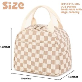 Lunch bag for women leak proof cute small corduroy lunch tote bag Reusable Insulated easy to carry, keep cool and fresh, large capacity for office, park, picnic and travel (Corduroy Checkered Brown)