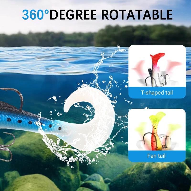 15PCS Lifelike Paddle Tail Swimbaits with Jig Heads, Pre-Rigged Soft
