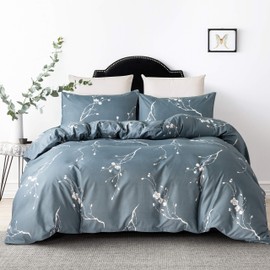 HSKIKWN Floral Comforter Set Queen Blue Duvet Cover Set Full 90"x90" with 2 Pillow Shams Microfiber Soft Hotel 3PCS White Plum Blossom Bedding Set