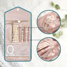 Jewelry Travel Organizer for Women, Portable Travel Jewelry Organizer Bag Travel Jewelry Organizer Roll Foldable Jewelry Case for Journey-Rings Necklaces Bracelets Earrings (Teal)