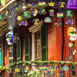 Yalikop Mardi Gras Ornaments Mardi Gras Tree Decorations Yellow Green Hanging Ornaments for Tree Gnome Crown Mask Wooden Ornament for Carnival Holiday Party Favors