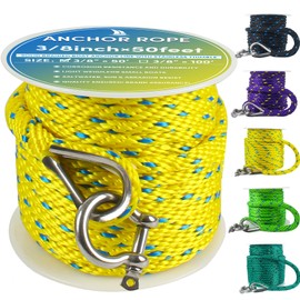 Premium Anchor Rope 50 ft x 3/8 inch, Solid Braid MFP Anchor Line Boat Rope Marine Rope,Boat Anchor Rope with Thimble & Shackle - Yellow/Blue