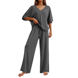 Ekouaer Lounge Sets for Women 2 Piece Pjs Short Sleeve Tops Long Pajamas Pants Set Summer Cozy Pj Set,Dark Grey,S
