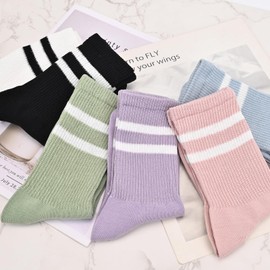 FIYIGO 6 Pairs Casual Striped Crew Socks for Women Fashion Colorful Retro Fun Athletic Aesthetic Cotton Calf Tube Socks