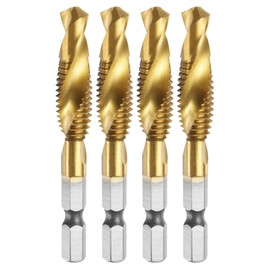 sourcing map 4pcs Combination Drill and Tap Bit, Metric M10 x 1.5 Thread 1/4" Hex Shank, Titanium Coated Threading Screw Taps Spiral Flute Tapping Tool, High Speed Steel (HSS) 4341