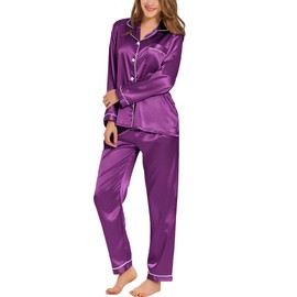 SWOMOG Satin Women's Pyjamas with Button Placket, Long Sleeve Sleepwear, Pyjamas Set, Two Piece Sleepwear Leisure Suit, purple