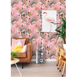HAOKHOME 93373 Pink Wallpaper Peel and Stick Tropical Flamingos Removable Stick on Contact Paper for Bedroom Pink/Green/Orange 17.7in x 9.8ft