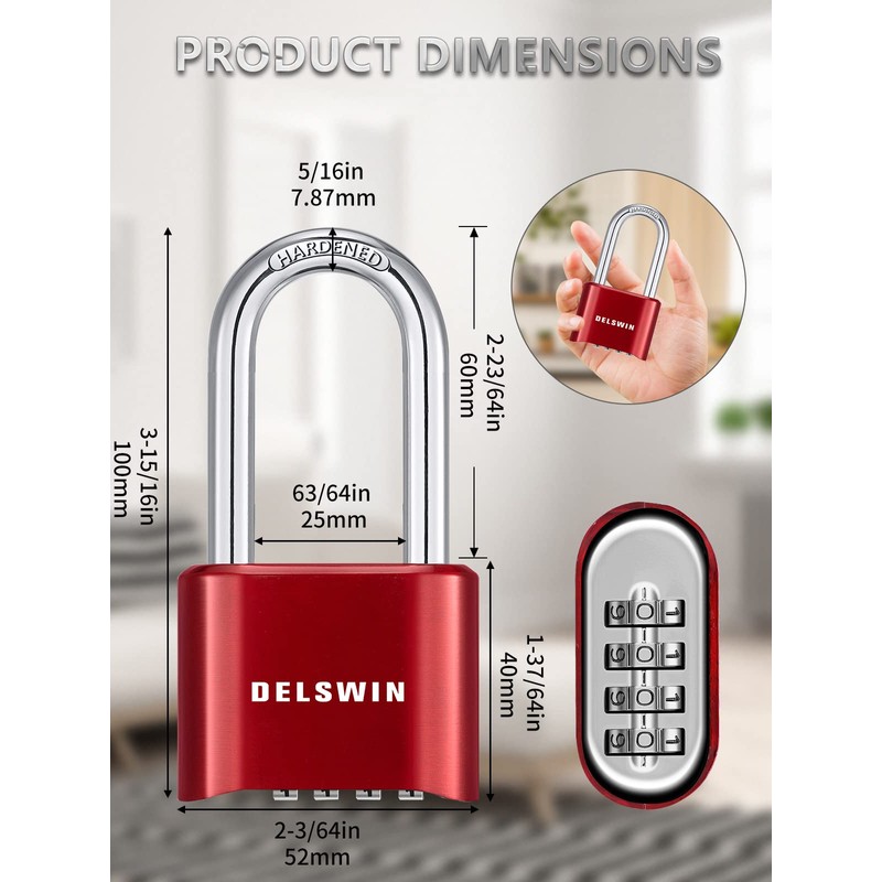 DELSWIN Heavy Duty Padlock Combination Lock - 4 Digit Combo